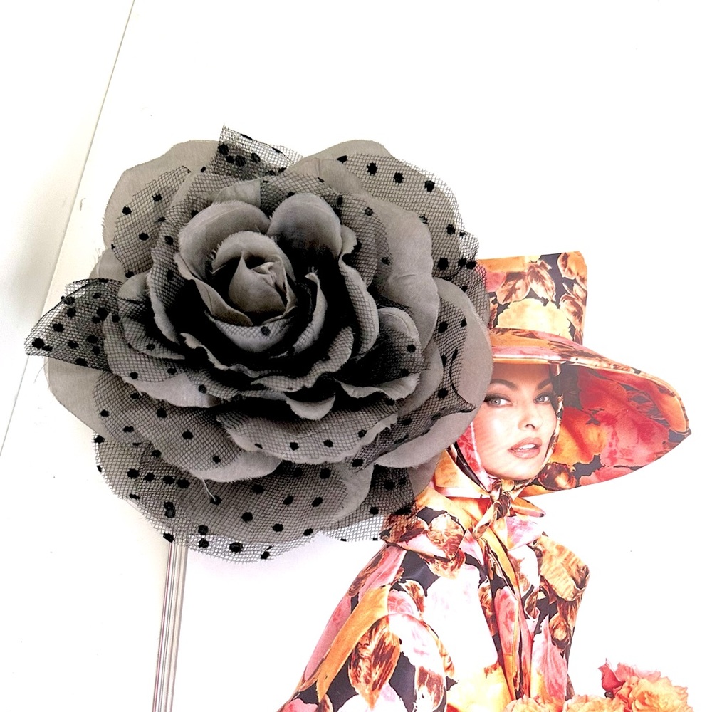 Grey Silk Flower with Polkadot Netting Brooch & Hair Accessory